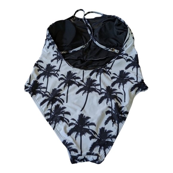 Beach Joy high leg one piece white with black palm trees sheer insert suit Large - Picture 2 of 6